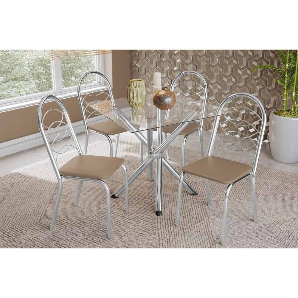 Sala De Jantar Completa Volga C/ Tampo De Vidro 90cm E 4 Cadeiras Holanda Cromada - Courano Bege - Kappesberg - 1