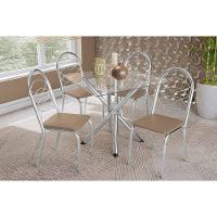 Sala De Jantar Completa Volga C/ Tampo De Vidro 90cm E 4 Cadeiras Holanda Cromada - Courano Bege - Kappesberg - 1