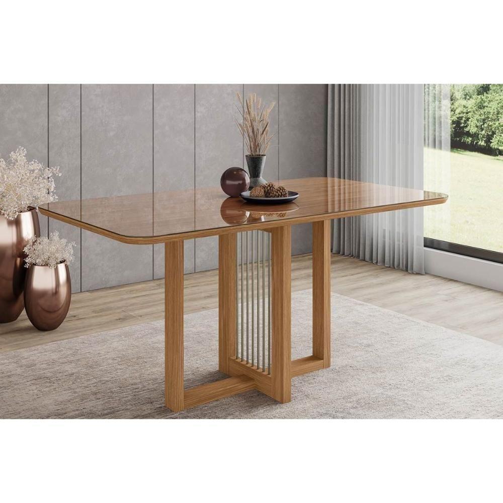 Mesa De Sala Jantar Natalí Sc71 C/ Tampo Madeirado C/ Vidro Curvo 160x90cm Nature - Henn - 1