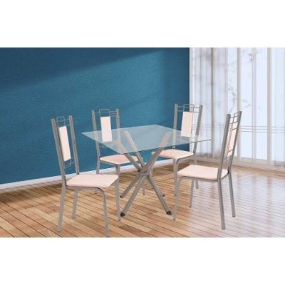 Sala De Jantar Completa Volga C/ Tampo De Vidro 90cm E 4 Cadeiras Florença Niquel - Courano Bege - Kappesberg