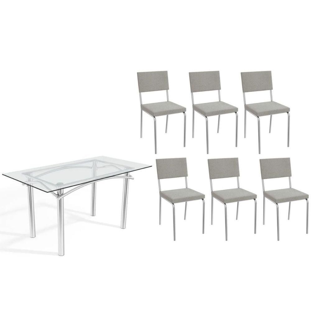 Sala De Jantar Completa Elba C/ Tampo De Vidro 150cm E 6 Cadeiras Zaria Cromada - Boucle Cinza - Kappesberg - 1