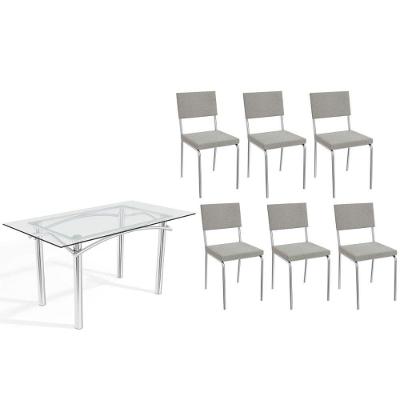Sala De Jantar Completa Elba C/ Tampo De Vidro 150cm E 6 Cadeiras Zaria Cromada - Boucle Cinza - Kappesberg