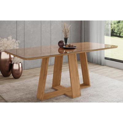 Mesa De Sala Jantar Lins Sc96 C/ Tampo Madeirado C/ Vidro Curvo 200x90cm Nature - Henn
