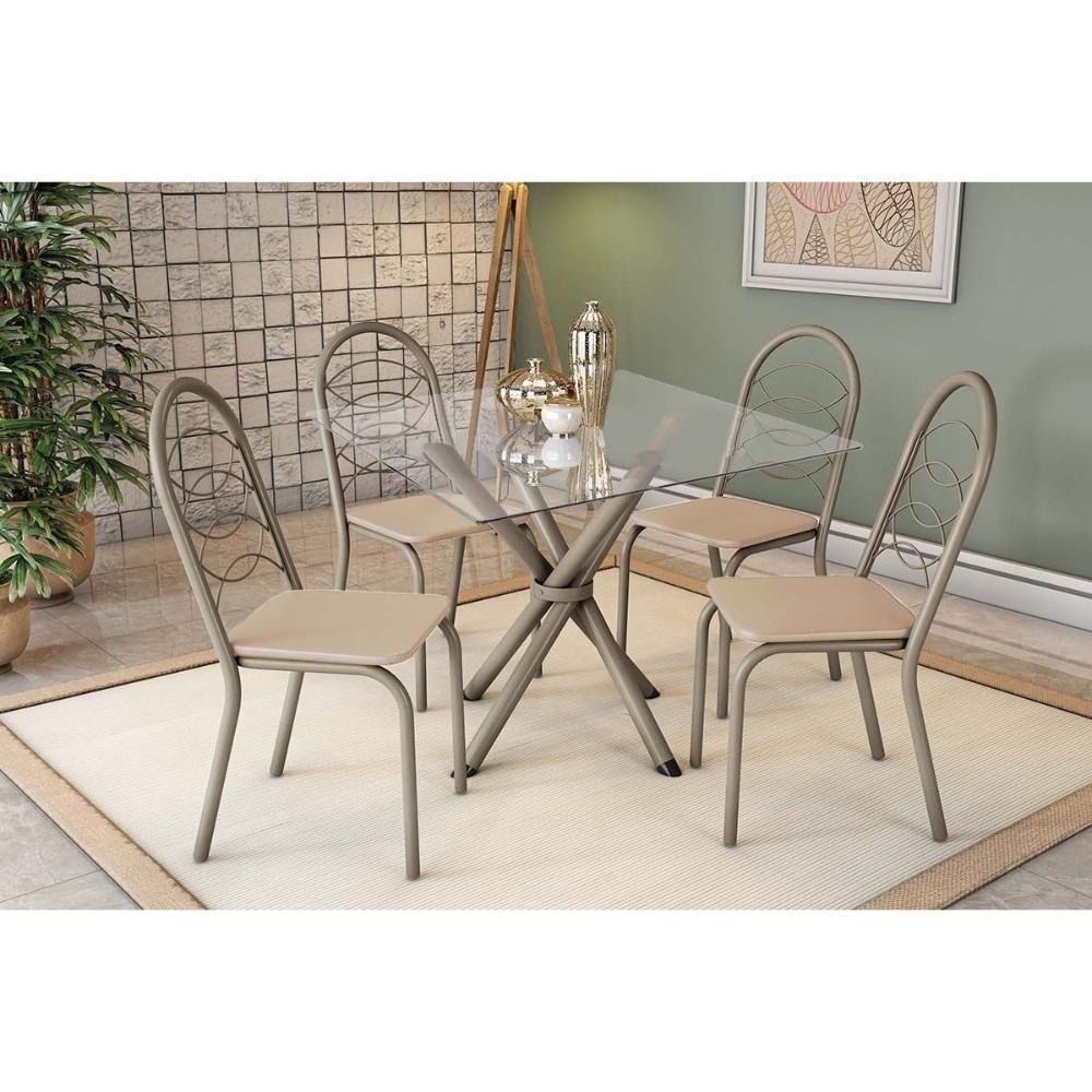 Sala De Jantar Completa Volga C/ Tampo De Vidro 90cm E 4 Cadeiras Holanda Niquel - Courano Bege - Kappesberg - 1