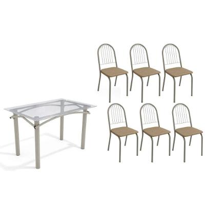 Sala De Jantar Completa Elba C/ Tampo De Vidro 120cm E 6 Cadeiras Noruega Niquel - Courano Capuccino - Kappesberg