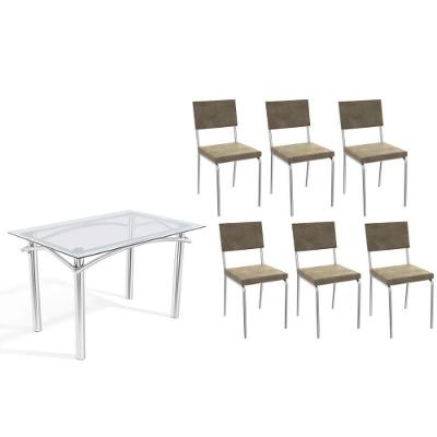 Sala De Jantar Completa Elba C/ Tampo De Vidro 120cm E 6 Cadeiras Zaria Cromada - Suede Bege - Kappesberg