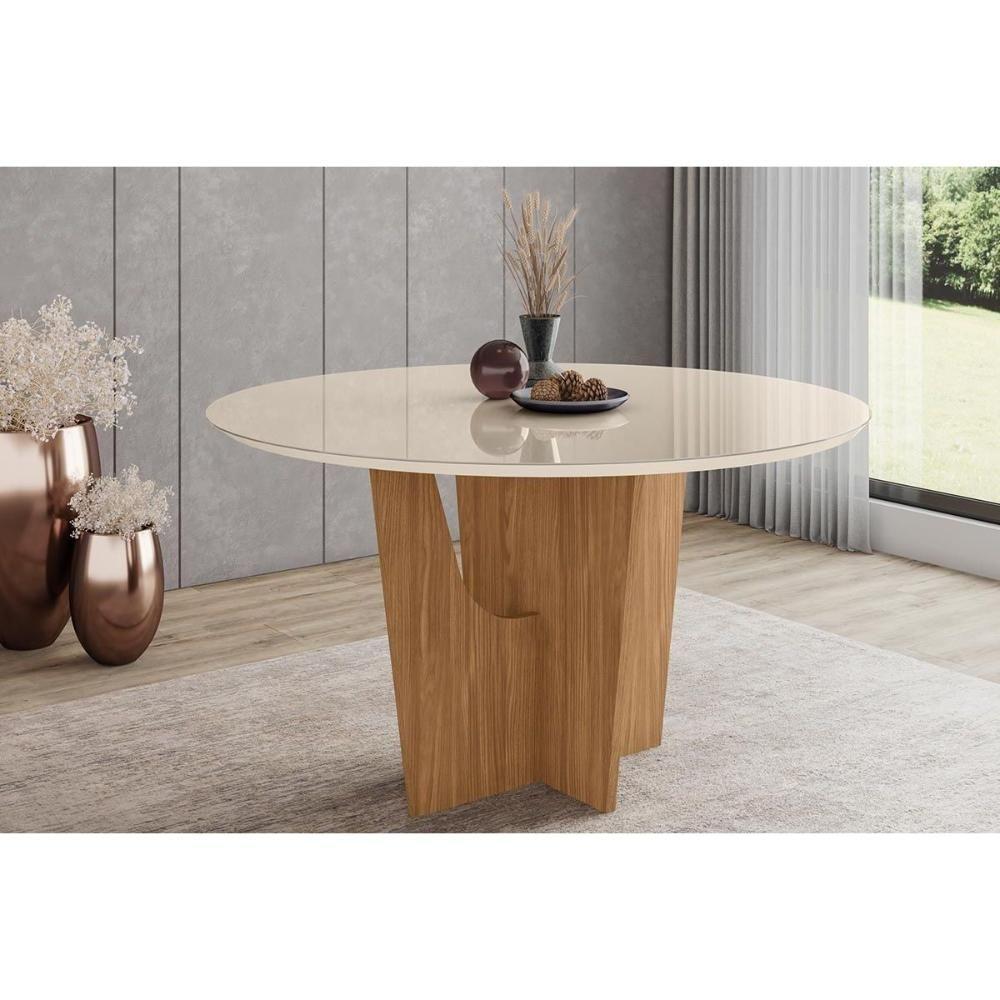 Mesa De Sala Jantar Vértice Sc131 C/ Tampo Madeirado C/ Vidro Redondo 140x140cm Nature/off White - Henn - 1