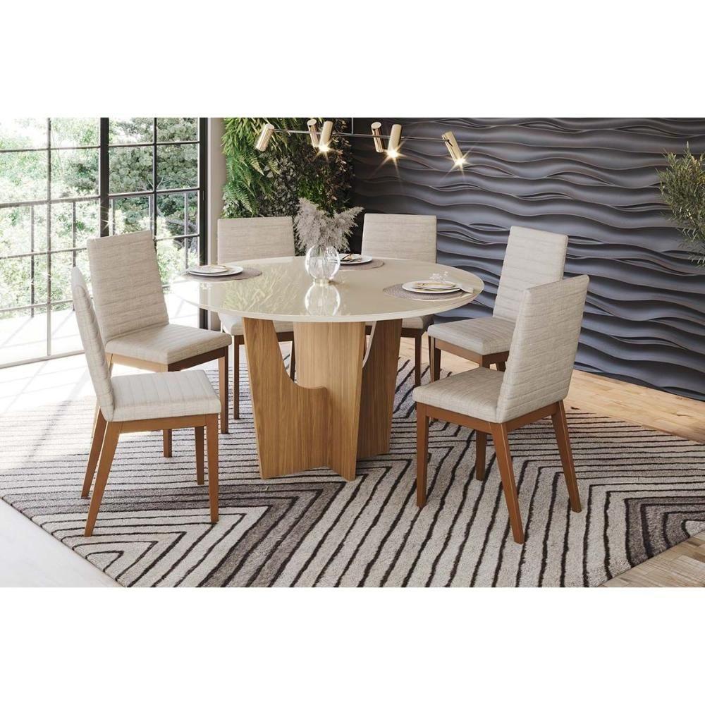 Mesa De Sala Jantar Vértice Sc131 C/ Tampo Madeirado C/ Vidro Redondo 140x140cm Nature/off White - Henn - 5