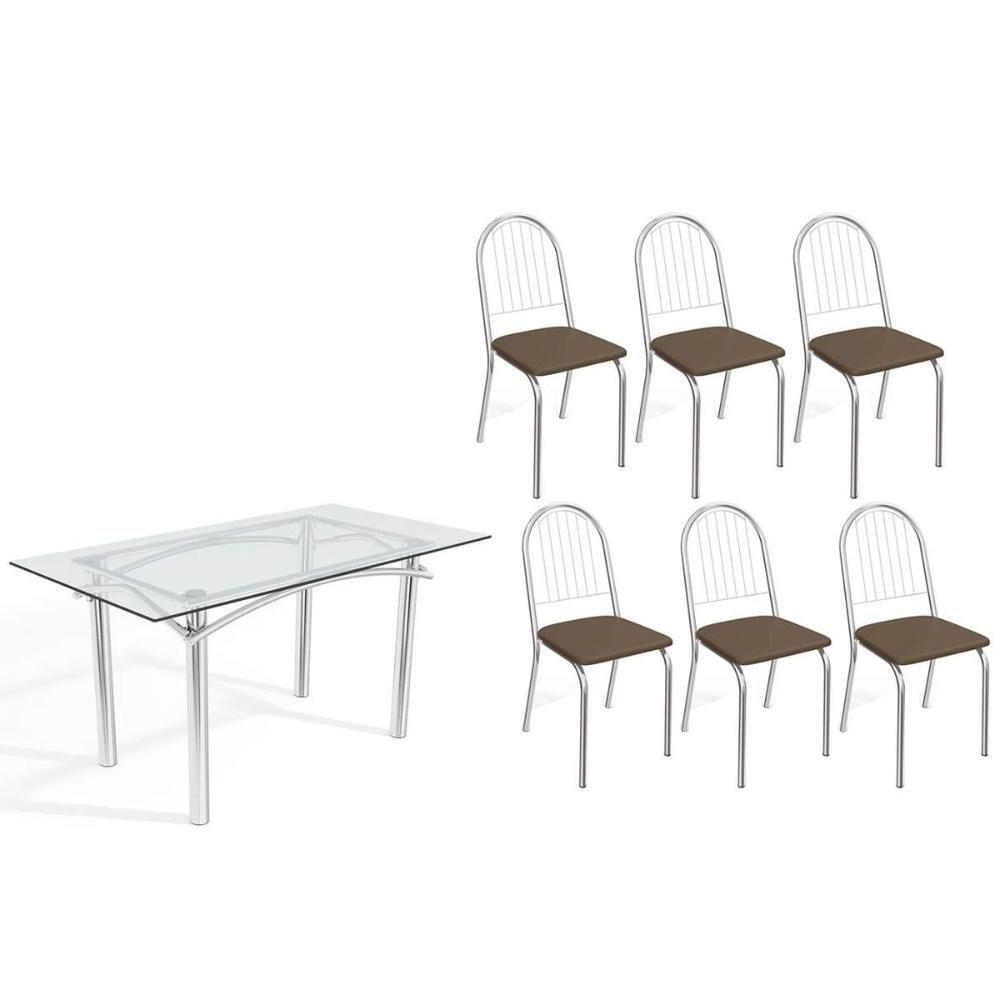 Sala De Jantar Completa Elba C/ Tampo De Vidro 150cm E 6 Cadeiras Noruega Cromada - Courano Marrom - Kappesberg - 1