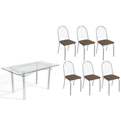 Sala De Jantar Completa Elba C/ Tampo De Vidro 150cm E 6 Cadeiras Noruega Cromada - Courano Marrom - Kappesberg