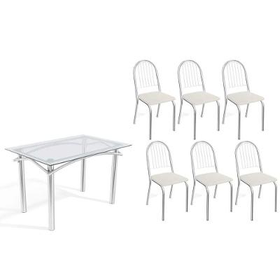 Sala De Jantar Completa Elba C/ Tampo De Vidro 120cm E 6 Cadeiras Noruega Cromada - Courano Branco - Kappesberg