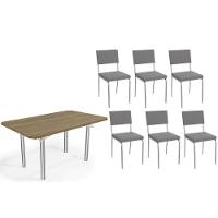 Sala De Jantar Completa Elba C/ Tampo De Madeira 160cm E 6 Cadeiras Zaria Cromada/nogueira - Suede Cinza - Kappesberg - 1