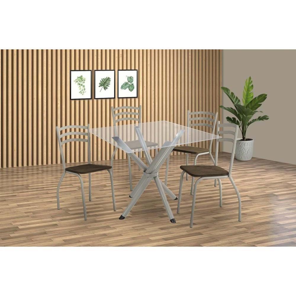 Sala De Jantar Completa Volga C/ Tampo De Vidro 90cm E 4 Cadeiras Portugal Niquel - Courano Marrom - Kappesberg - 1