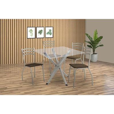 Sala De Jantar Completa Volga C/ Tampo De Vidro 90cm E 4 Cadeiras Portugal Niquel - Courano Marrom - Kappesberg