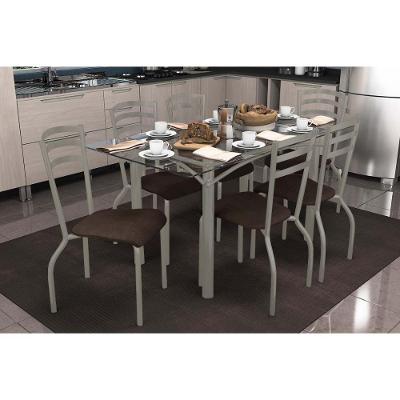 Sala De Jantar Completa Elba C/ Tampo De Vidro 150cm E 6 Cadeiras Portugal Niquel - Courano Marrom - Kappesberg