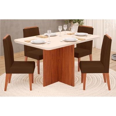Sala De Jantar Completa Hera C/ Tampo Madeirado C/ Vidro 120x90cm E 4 Cadeiras Lia Freijó/suede Moca - Dj Móveis