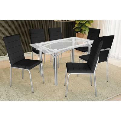 Sala De Jantar Completa Elba C/ Tampo De Vidro 150cm E 6 Cadeiras Amsterdã Cromada - Courano Preto - Kappesberg