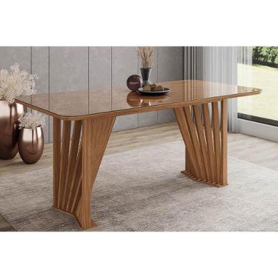 Mesa De Sala Jantar Adriana Sc46 C/ Tampo Madeirado C/ Vidro Curvo 200x80cm Nature - Henn
