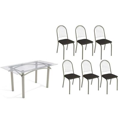 Sala De Jantar Completa Elba C/ Tampo De Vidro 150cm E 6 Cadeiras Noruega Niquel - Courano Preto - Kappesberg