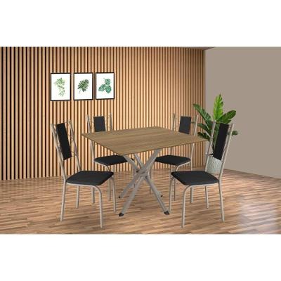 Sala De Jantar Completa Volga C/ Tampo De Madeira 90cm E 4 Cadeiras Lisboa Niquel/nogueira - Courano Preto - Kappesberg