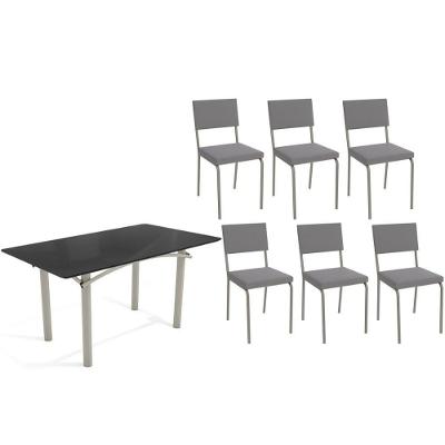 Sala De Jantar Completa Elba Tampo Madeirado C/ Vidro 160cm E 6 Cadeiras Zaria Niquel/preto - Suede Cinza - Kappesberg