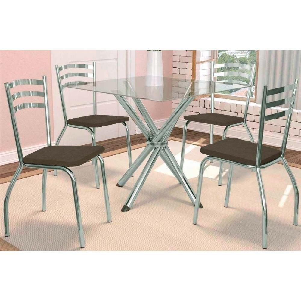 Sala De Jantar Completa Volga C/ Tampo De Vidro 90cm E 4 Cadeiras Portugal Cromada - Courano Marrom - Kappesberg - 1