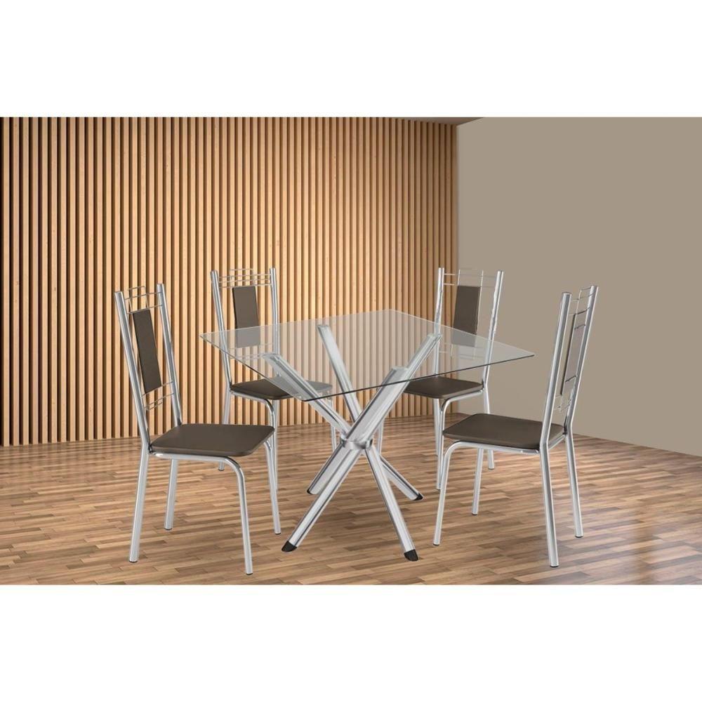 Sala De Jantar Completa Volga C/ Tampo De Vidro 90cm E 4 Cadeiras Florença Cromada - Courano Marrom - Kappesberg - 1