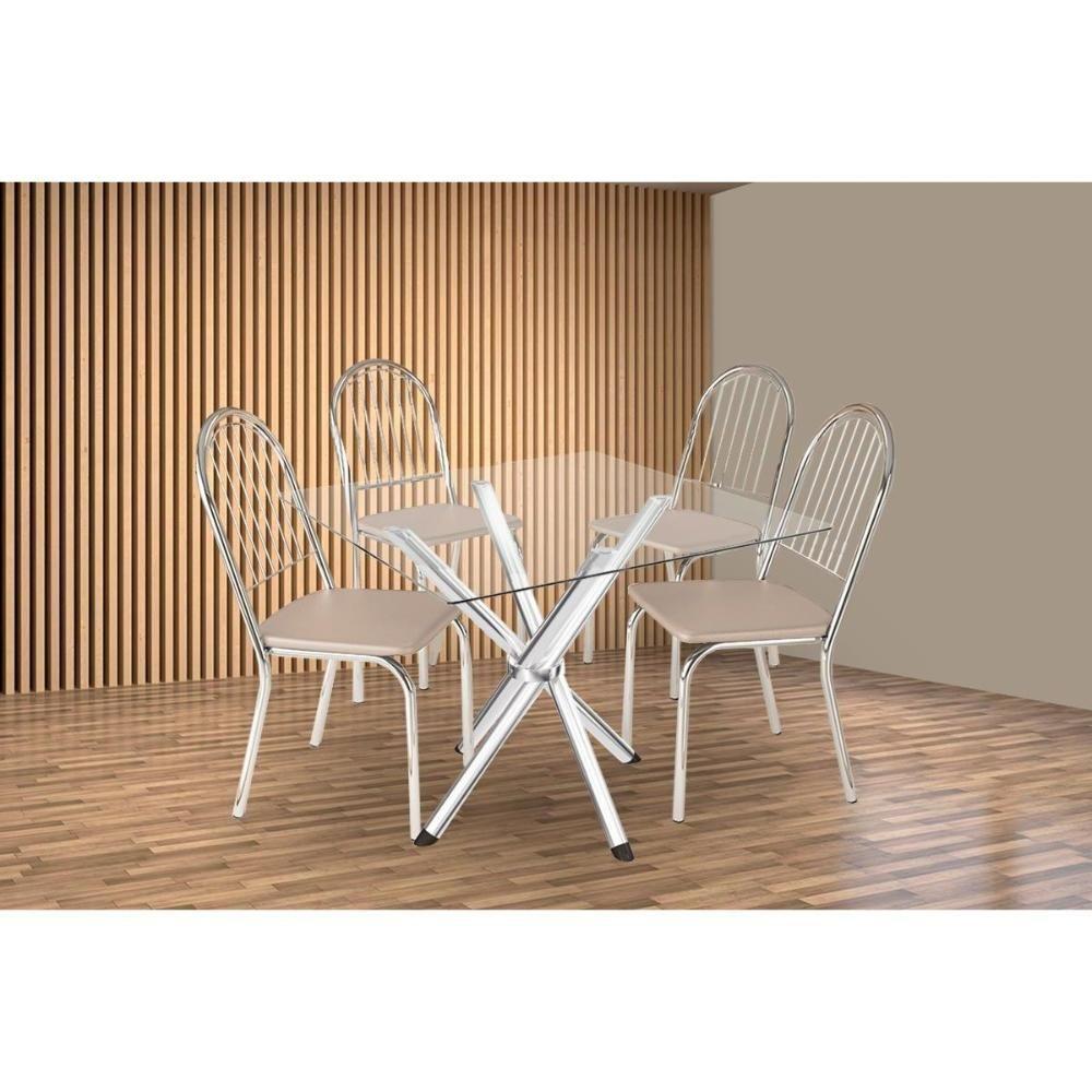 Sala De Jantar Completa Volga C/ Tampo De Vidro 90cm E 4 Cadeiras Noruega Cromada - Courano Bege - Kappesberg - 1