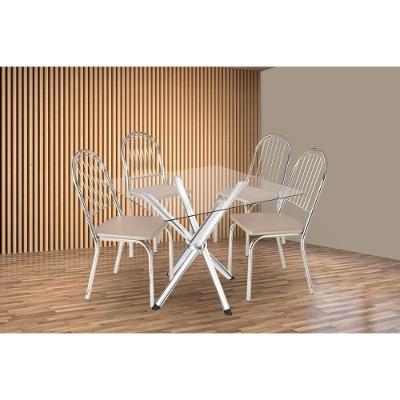 Sala De Jantar Completa Volga C/ Tampo De Vidro 90cm E 4 Cadeiras Noruega Cromada - Courano Bege - Kappesberg