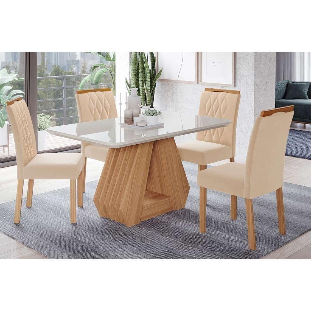 Sala De Jantar Completa ágata Tampo Madeirado C/ Vidro 130x80cm E 4 Cadeiras Juliana Madeirado/suede Nude Bege - Cimol - 1