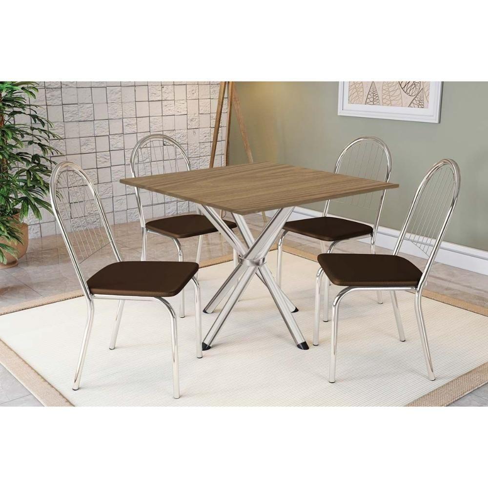 Sala De Jantar Completa Volga C/ Tampo De Madeira 90cm E 4 Cadeiras Noruega Cromado/nogueira - Marrom - Kappesberg - 1