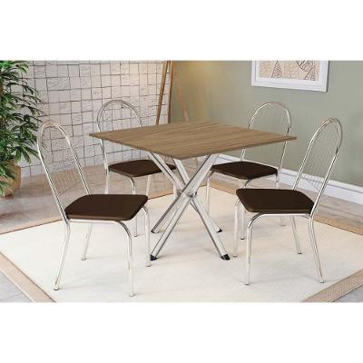 Sala De Jantar Completa Volga C/ Tampo De Madeira 90cm E 4 Cadeiras Noruega Cromado/nogueira - Marrom - Kappesberg