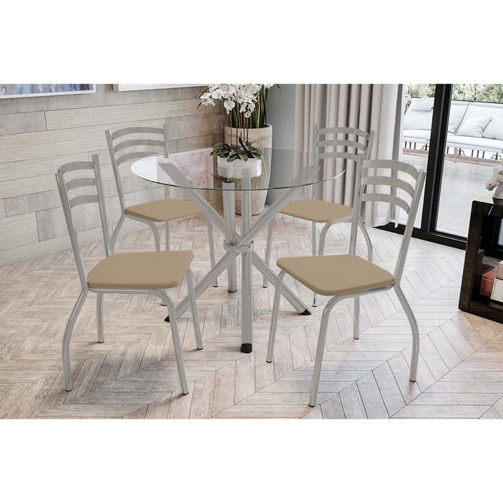 Sala De Jantar Completa Volga C/ Tampo De Vidro 95cm E 4 Cadeiras Portugal Niquel - Courano Capuccino - Kappesberg - 1