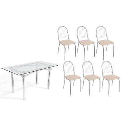 Sala De Jantar Completa Elba C/ Tampo De Vidro 150cm E 6 Cadeiras Noruega Cromada - Courano Bege - Kappesberg