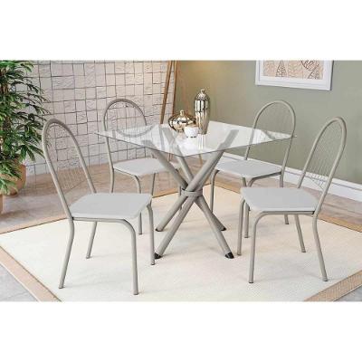 Sala De Jantar Completa Volga C/ Tampo De Vidro 90cm E 4 Cadeiras Noruega Niquel - Courano Branco - Kappesberg