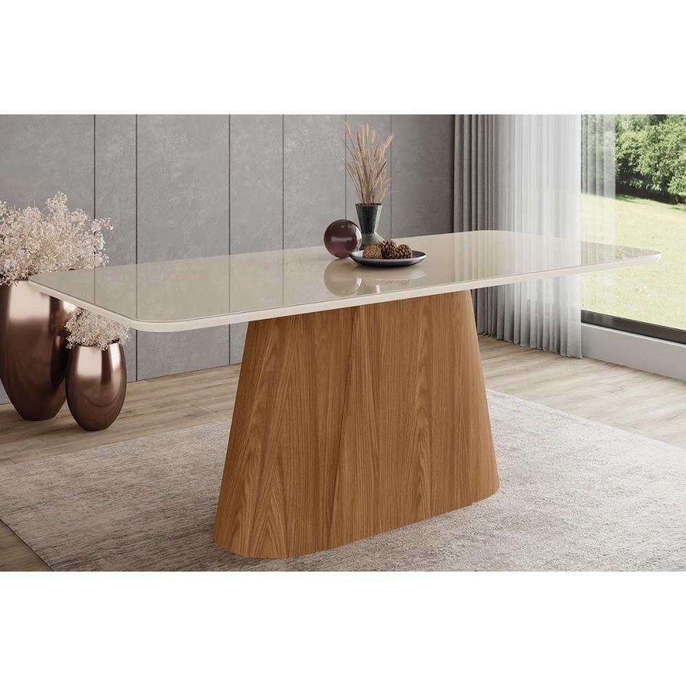 Mesa De Sala Jantar Olivia Sc121 C/ Tampo Madeirado C/ Vidro Curvo 200x90cm Nature/off White - Henn - 1