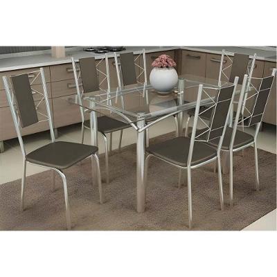 Sala De Jantar Completa Elba C/ Tampo De Vidro 120cm E 6 Cadeiras Lisboa Cromada - Courano Marrom - Kappesberg