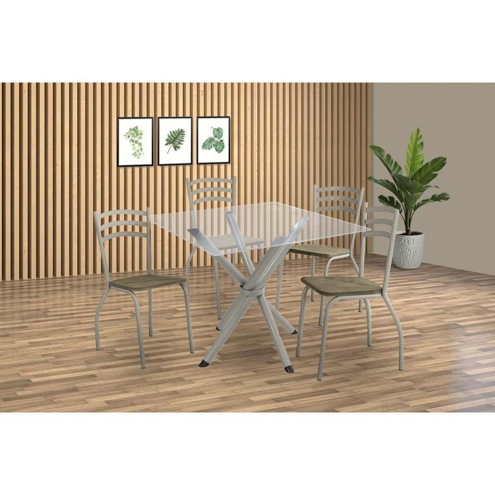 Sala De Jantar Completa Volga C/ Tampo De Vidro 90cm E 4 Cadeiras Portugal Niquel - Courano Capuccino - Kappesberg - 1