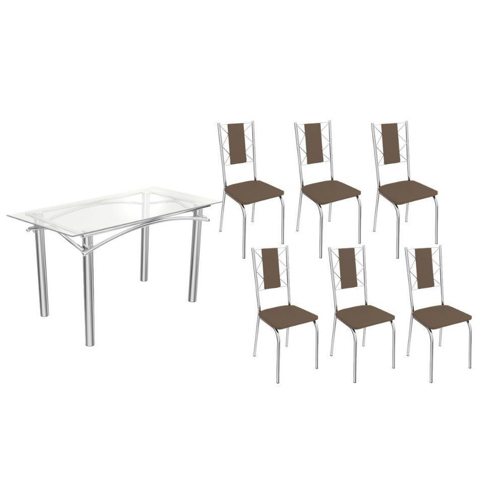 Sala De Jantar Completa Elba C/ Tampo De Vidro 150cm E 6 Cadeiras Lisboa Cromada - Courano Marrom - Kappesberg - 1