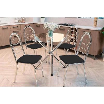 Sala De Jantar Completa Volga C/ Tampo De Vidro 95cm E 4 Cadeiras Holanda Cromada - Courano Preto - Kappesberg