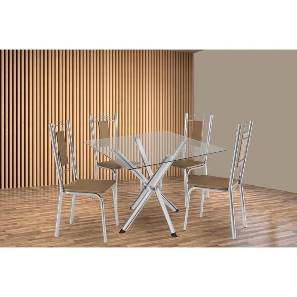Sala De Jantar Completa Volga C/ Tampo De Vidro 90cm E 4 Cadeiras Florença Cromada - Courano Capuccino - Kappesberg - 1