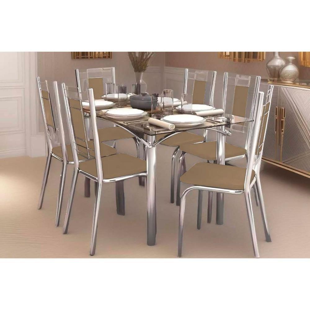 Sala De Jantar Completa Elba C/ Tampo De Vidro 80x150cm E 6 Cadeiras Florença Cromada - Courano Capuccino - Kappesberg - 1