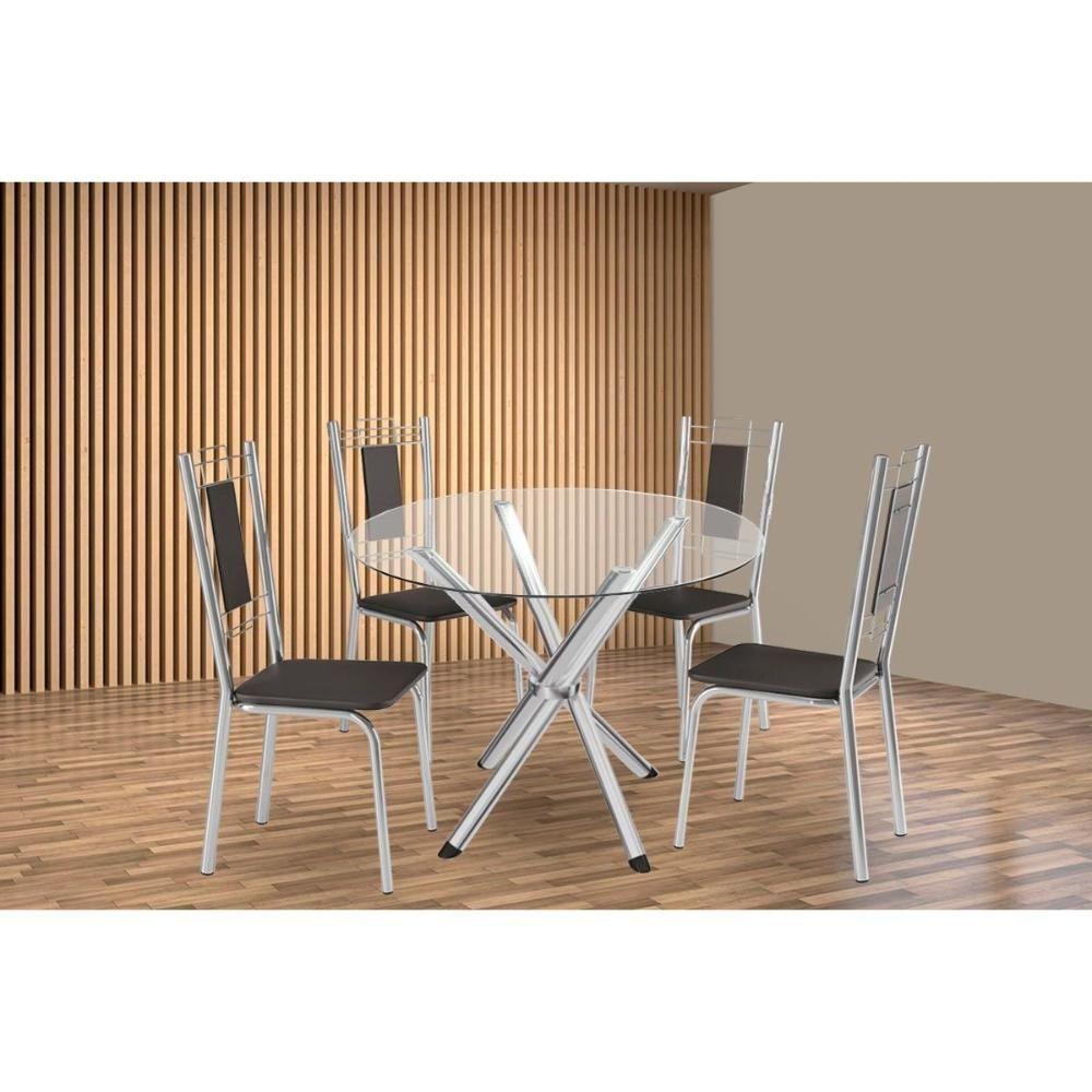 Sala De Jantar Completa Volga C/ Tampo De Vidro 95cm E 4 Cadeiras Florença Cromada - Courano Preto - Kappesberg - 1