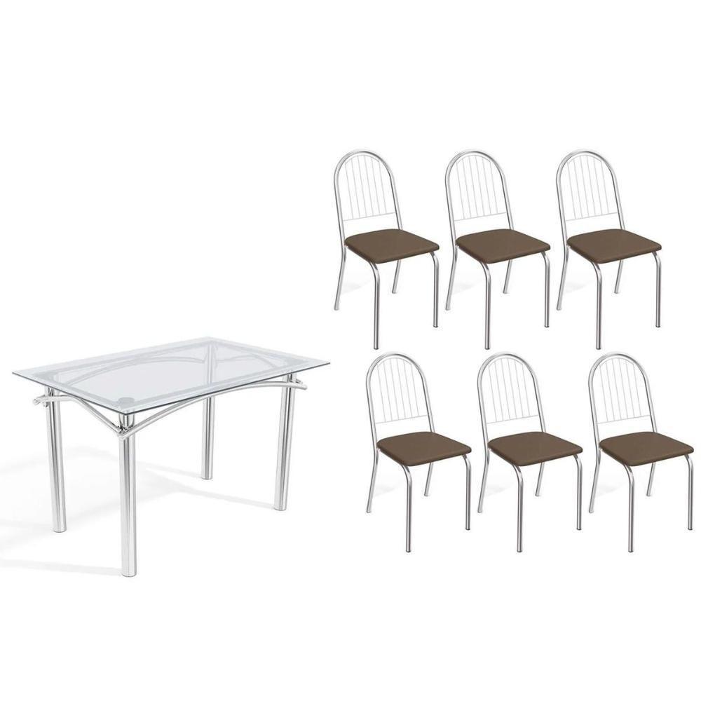 Sala De Jantar Completa Elba C/ Tampo De Vidro 120cm E 6 Cadeiras Noruega Cromada - Courano Marrom - Kappesberg - 1