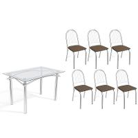 Sala De Jantar Completa Elba C/ Tampo De Vidro 120cm E 6 Cadeiras Noruega Cromada - Courano Marrom - Kappesberg - 1