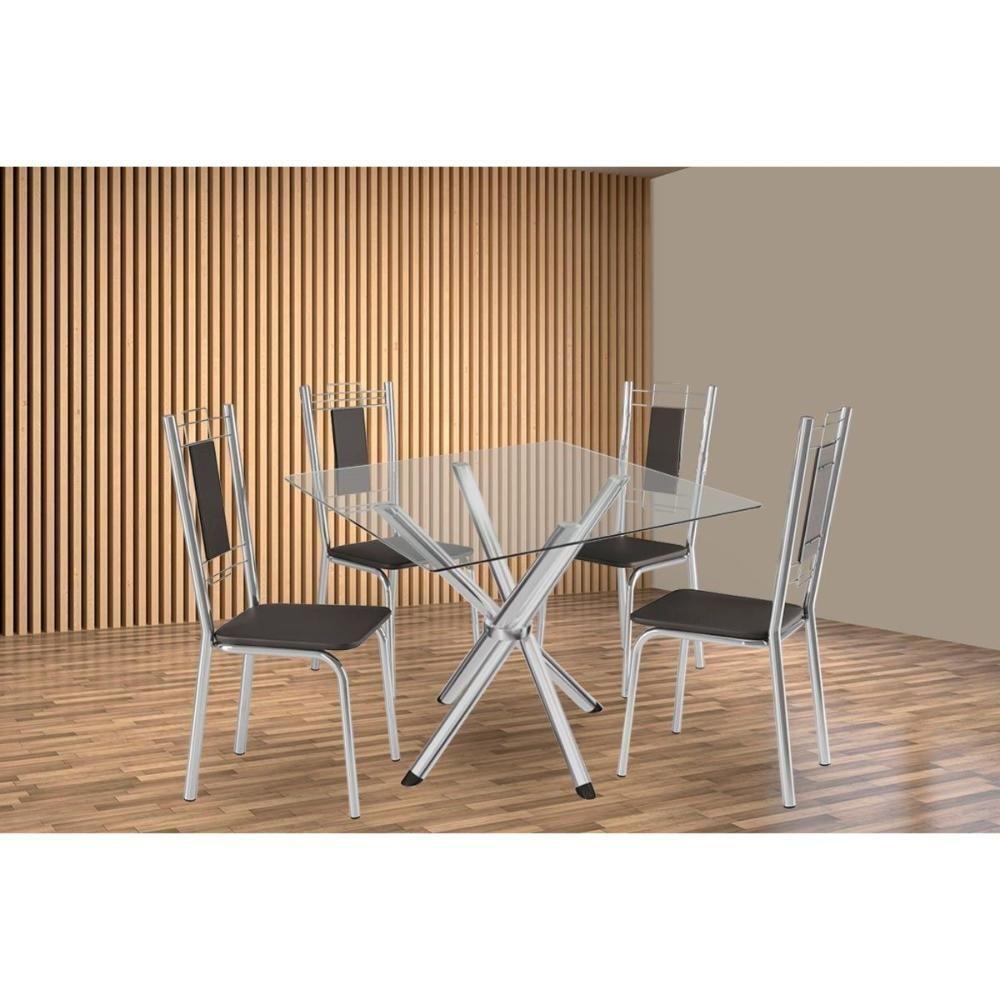 Sala De Jantar Completa Volga C/ Tampo De Vidro 90cm E 4 Cadeiras Florença Cromada - Courano Preto - Kappesberg - 1