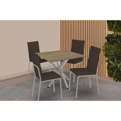 Sala De Jantar Completa Volga C/ Tampo De Madeira 90cm E 4 Cadeiras Amsterdã Niquel - Courano Marrom - Kappesberg