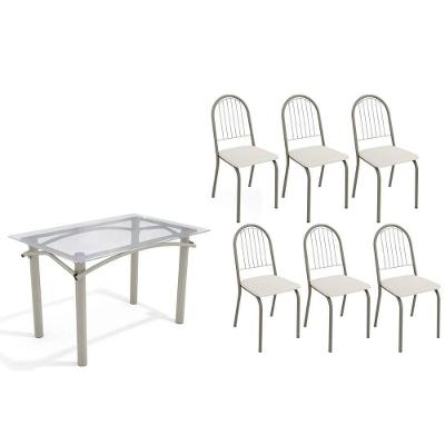 Sala De Jantar Completa Elba C/ Tampo De Vidro 120cm E 6 Cadeiras Noruega Niquel - Courano Branco - Kappesberg
