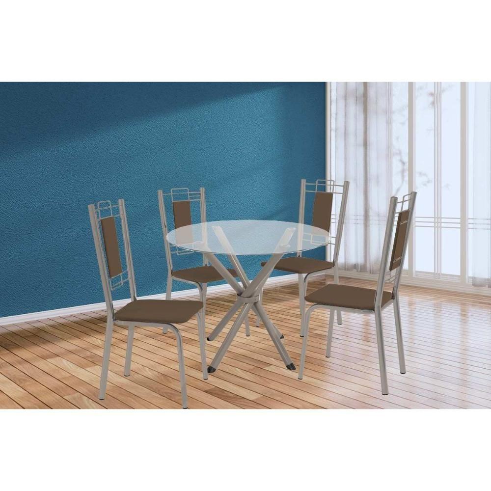 Sala De Jantar Completa Volga C/ Tampo De Vidro 95cm E 4 Cadeiras Florença Niquel - Courano Marrom - Kappesberg - 1
