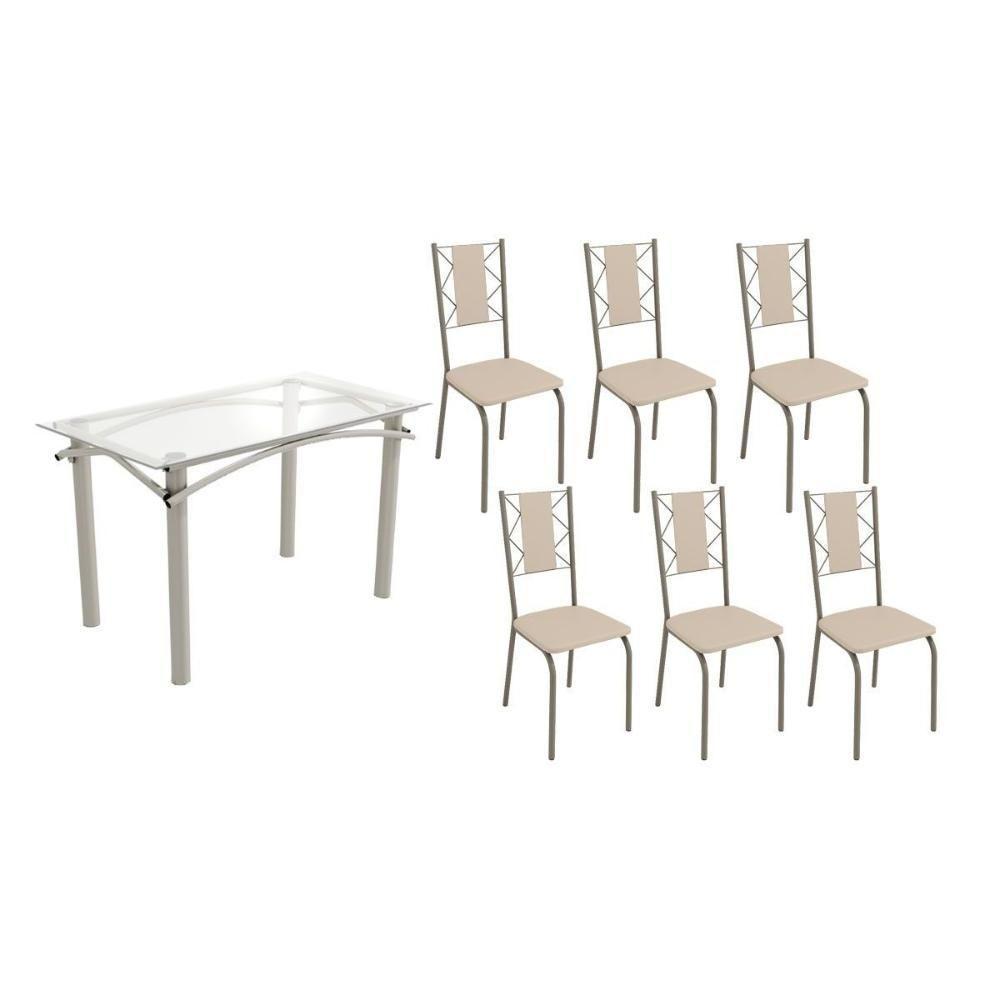 Sala De Jantar Completa Elba C/ Tampo De Vidro 120cm E 6 Cadeiras Lisboa Niquel - Courano Bege - Kappesberg - 1